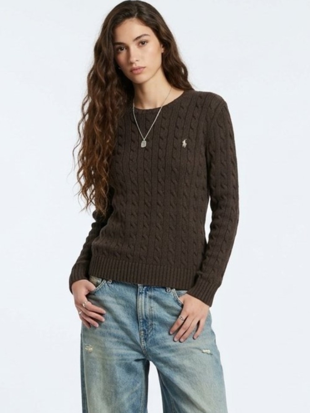 Vintage Polo by Ralph Lauren Embroidered Logo Cable-Knit Crewneck Sweater - L